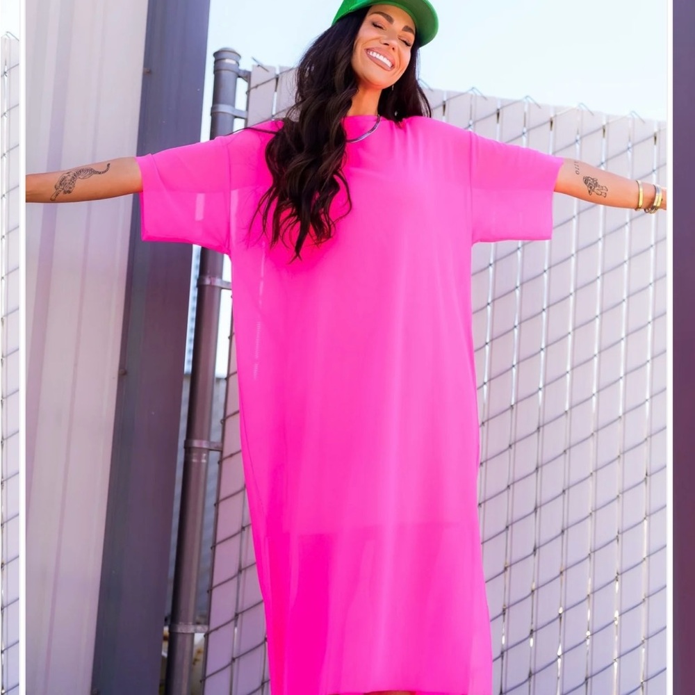 Dressed in LALA Karma Oversized Mesh
Dress + Slip in Electric Pink